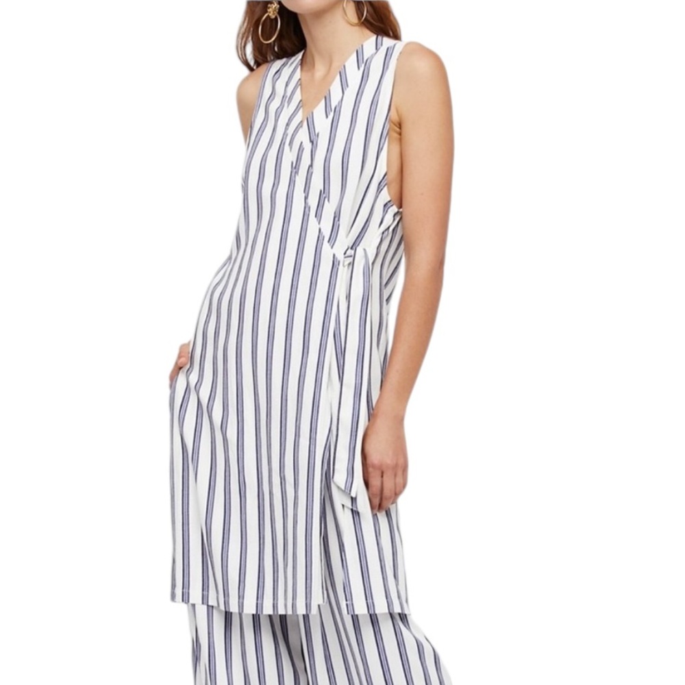 Free People Tuxedo Blue & White Stripe Wrap Tunic Top - XS